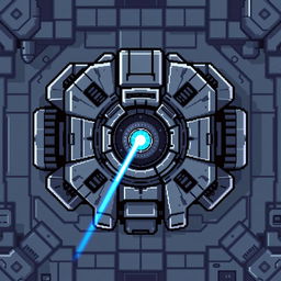 A top-down view of a laser turret designed in pixel art style, featuring a color scheme of gray and blue