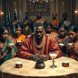 An angry African man in vibrant traditional attire, adorned with numerous shiny gold chains, sits at an elegant dining table, his fierce expression commanding attention