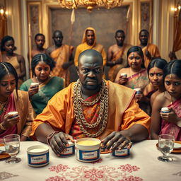 An angry African man in vibrant traditional attire, adorned with numerous shiny gold chains, sits at an elegant dining table, his fierce expression commanding attention