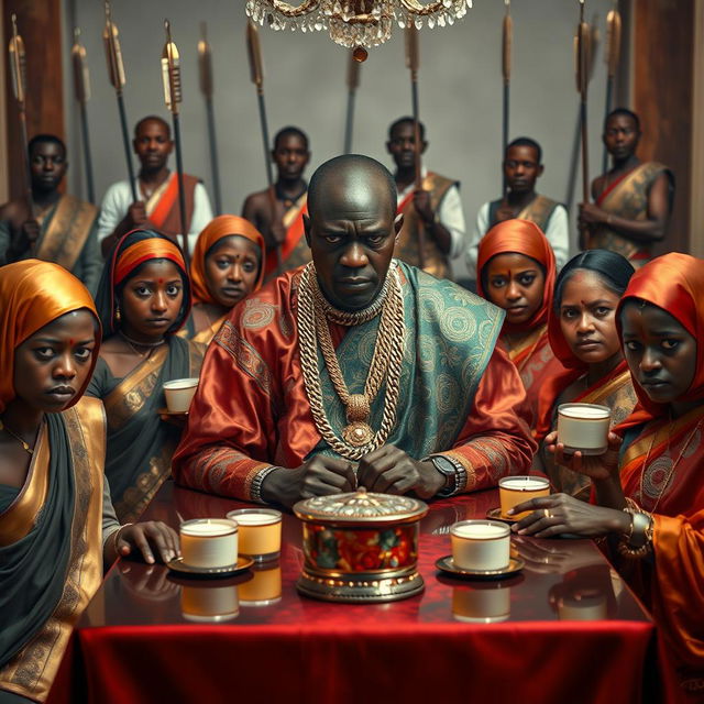 An angry African man in vibrant traditional attire, adorned with numerous shiny gold chains, sits at an elegant dining table, his fierce expression commanding attention