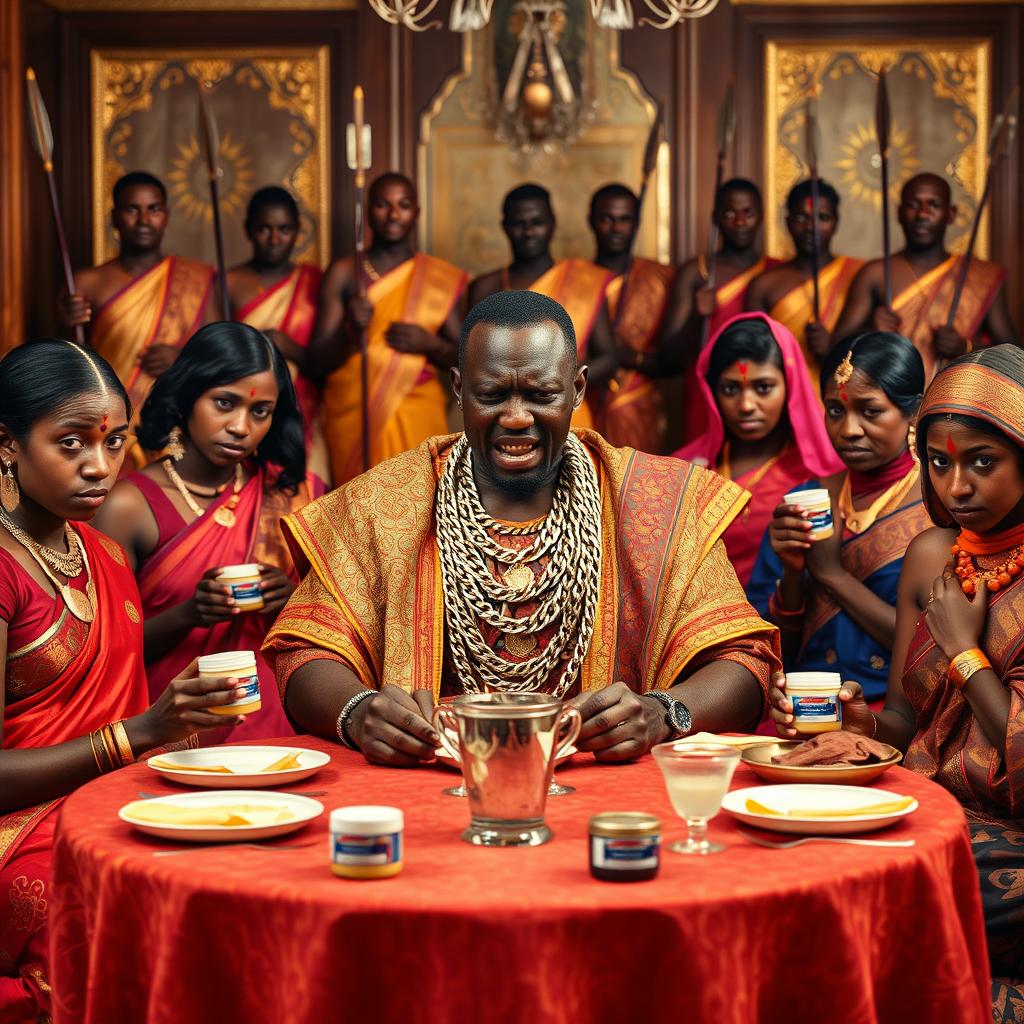 An angry African man in vibrant traditional attire, adorned with numerous shiny gold chains, sits at an elegant dining table, his fierce expression commanding attention