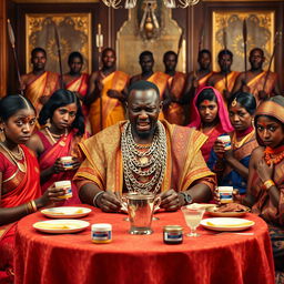 An angry African man in vibrant traditional attire, adorned with numerous shiny gold chains, sits at an elegant dining table, his fierce expression commanding attention