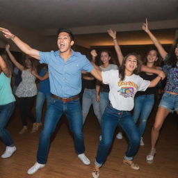 Energetic Cumbia dancers at a college party, dressed in casual attire, showing off their moves amidst students cheering in a festooned dorm room with dimmed lights and party accents.