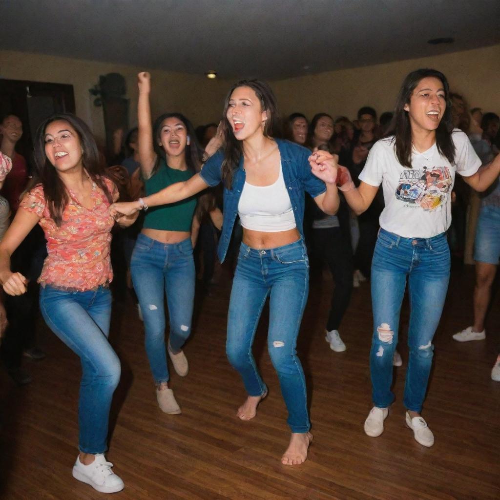 Energetic Cumbia dancers at a college party, dressed in casual attire, showing off their moves amidst students cheering in a festooned dorm room with dimmed lights and party accents.