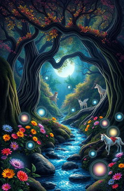 A deep magical fantasy forest filled with vibrant colors and enchanting elements