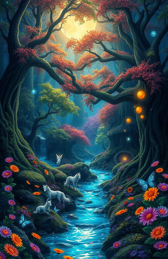 A deep magical fantasy forest filled with vibrant colors and enchanting elements