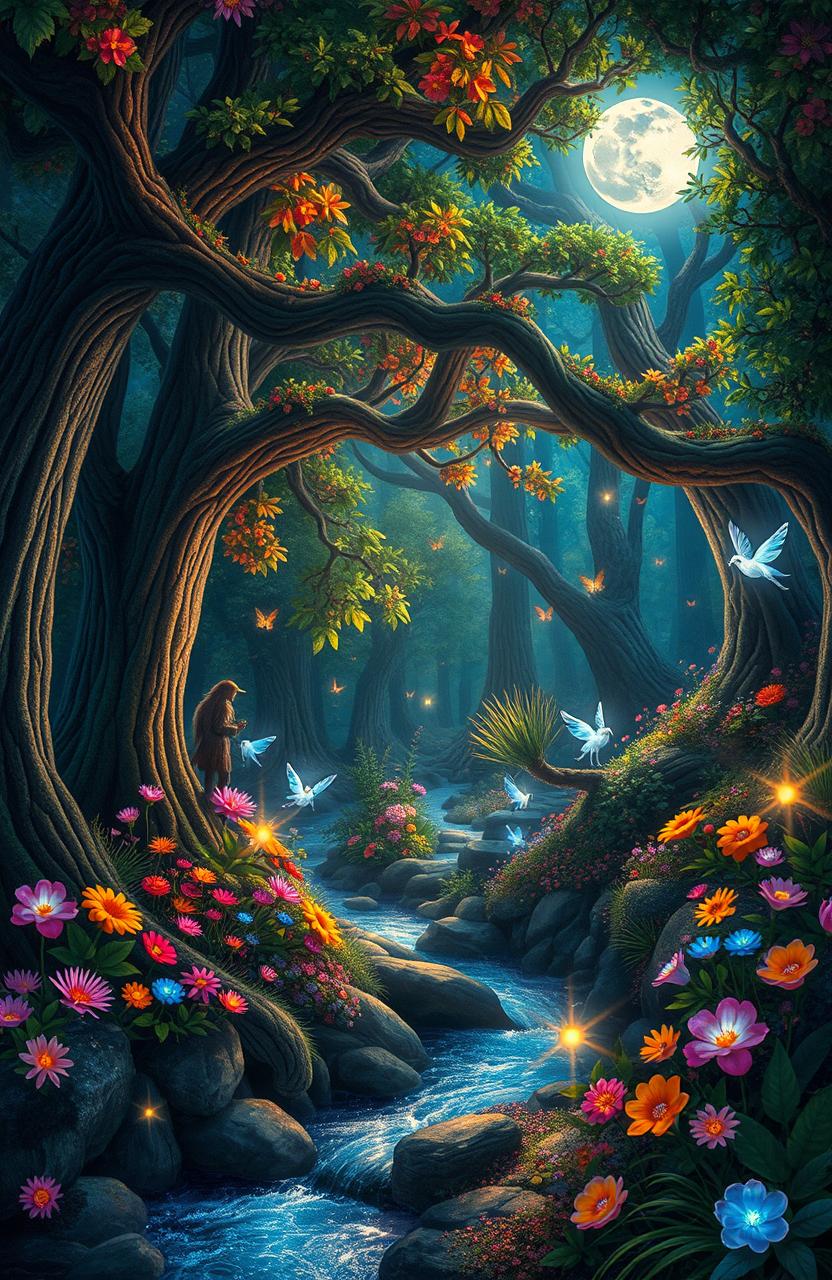 A deep magical fantasy forest filled with vibrant colors and enchanting elements