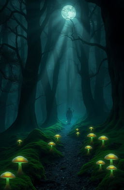 A mystical and enchanting dark fantasy forest, filled with towering ancient trees shrouded in a deep mist