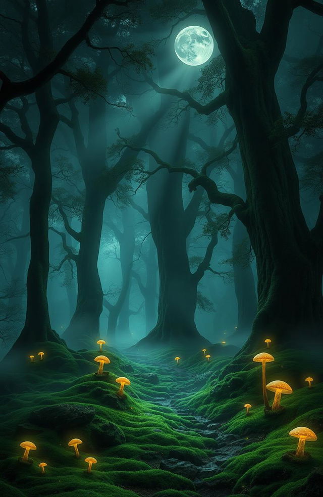 A mystical and enchanting dark fantasy forest, filled with towering ancient trees shrouded in a deep mist