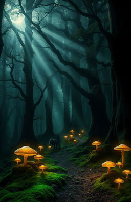 A mystical and enchanting dark fantasy forest, filled with towering ancient trees shrouded in a deep mist