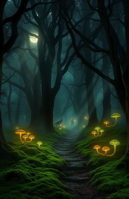A mystical and enchanting dark fantasy forest, filled with towering ancient trees shrouded in a deep mist