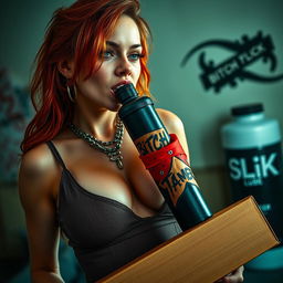 A close-up shot of a sexy female redhead with striking features, wearing a tank top adorned with punk chains
