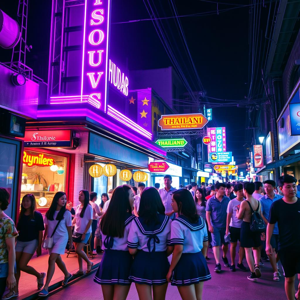 A bustling nightlife street in Thailand, featuring several young women dressed in sailor-style uniforms standing in front of a bar illuminated by vibrant pink and purple neon lights