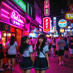 A bustling nightlife street in Thailand, featuring several young women dressed in sailor-style uniforms standing in front of a bar illuminated by vibrant pink and purple neon lights