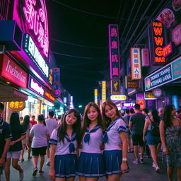 A bustling nightlife street in Thailand, featuring several young women dressed in sailor-style uniforms standing in front of a bar illuminated by vibrant pink and purple neon lights