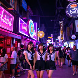 A bustling nightlife street in Thailand, featuring several young women dressed in sailor-style uniforms standing in front of a bar illuminated by vibrant pink and purple neon lights