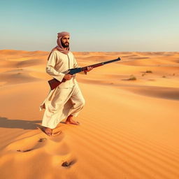 A desert hunter expertly tracking wildlife through the vast sands of an arid landscape