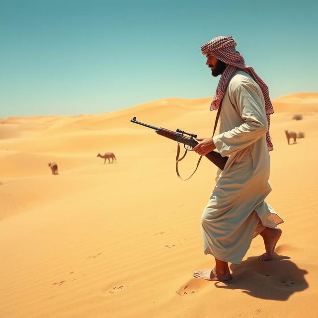 A desert hunter expertly tracking wildlife through the vast sands of an arid landscape