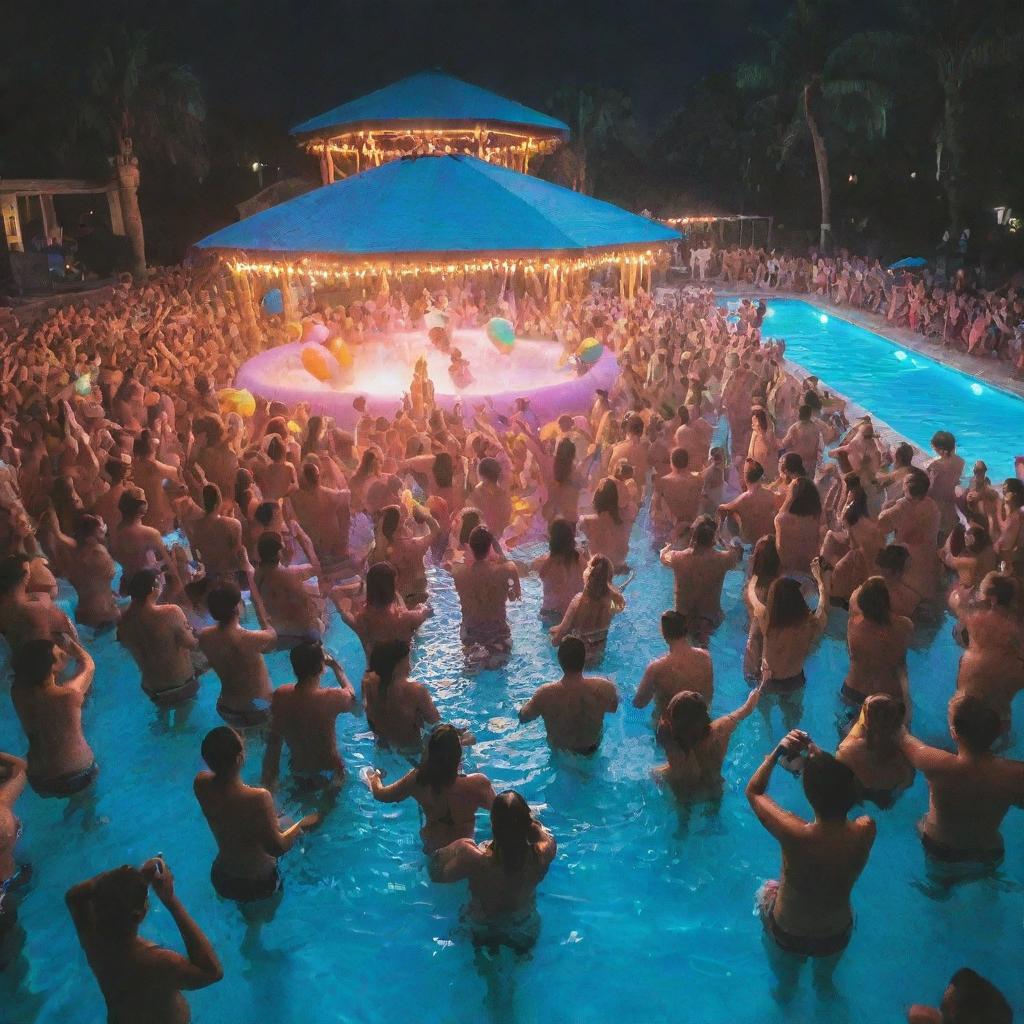 An epic rager pool party in full swing. A crowd of people dancing around a dazzling pool, strobe lights flashing, DJ spinning tunes in the background, and floaties bobbing on the pool's surface.