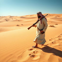 A desert hunter expertly tracking wildlife through the vast sands of an arid landscape