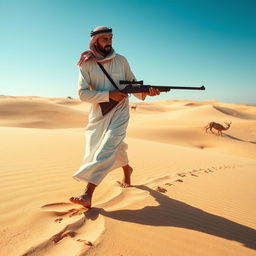 A desert hunter expertly tracking wildlife through the vast sands of an arid landscape