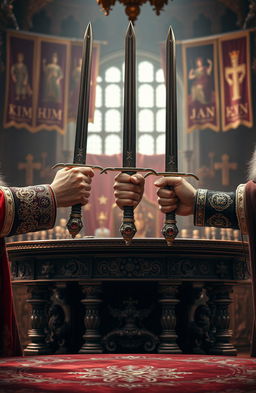 A striking scene depicting the hands of three kings, each adorned in ornate royal attire, holding swords together above a grand, elaborately carved table