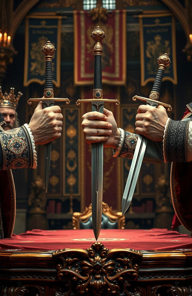 A striking scene depicting the hands of three kings, each adorned in ornate royal attire, holding swords together above a grand, elaborately carved table