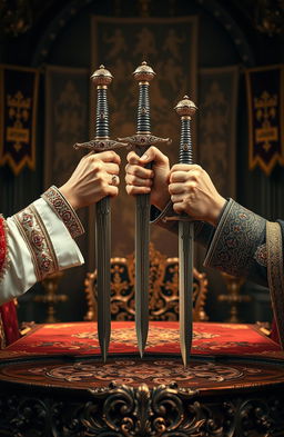 A striking scene depicting the hands of three kings, each adorned in ornate royal attire, holding swords together above a grand, elaborately carved table