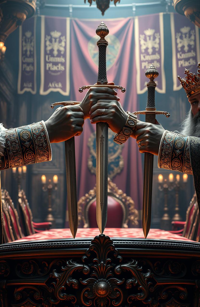 A striking scene depicting the hands of three kings, each adorned in ornate royal attire, holding swords together above a grand, elaborately carved table