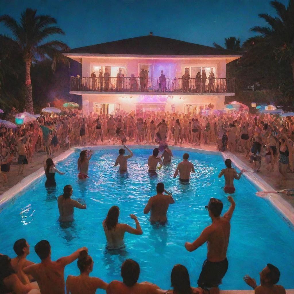 An epic rager pool party in full swing. A crowd of people dancing around a dazzling pool, strobe lights flashing, DJ spinning tunes in the background, and floaties bobbing on the pool's surface.