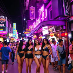 A bustling nightlife street in Thailand, featuring several young women dressed in sexy outfits standing in front of a bar illuminated by vibrant pink and purple neon lights
