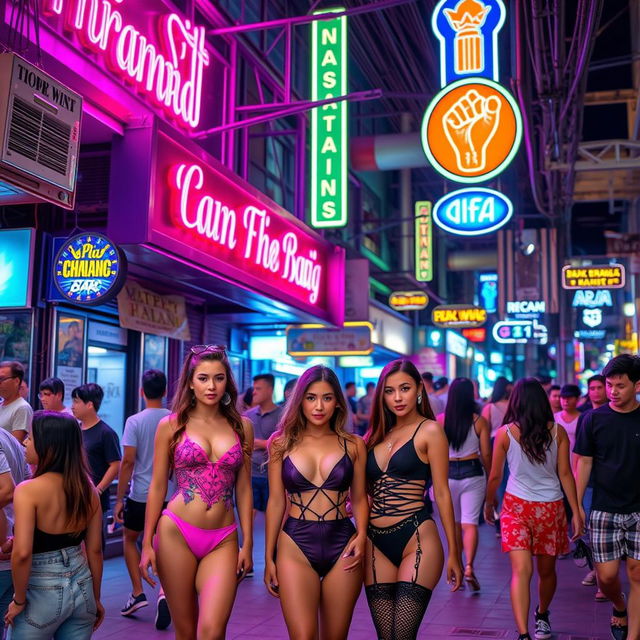 A bustling nightlife street in Thailand, featuring several young women dressed in sexy outfits standing in front of a bar illuminated by vibrant pink and purple neon lights