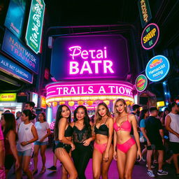 A bustling nightlife street in Thailand, featuring several young women dressed in sexy outfits standing in front of a bar illuminated by vibrant pink and purple neon lights