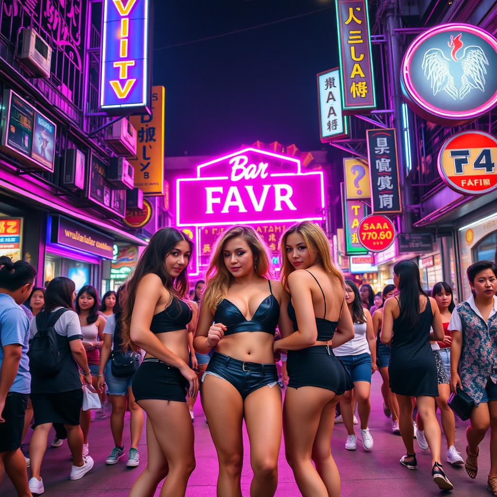 A bustling nightlife street in Thailand, featuring several young women dressed in sexy outfits standing in front of a bar illuminated by vibrant pink and purple neon lights