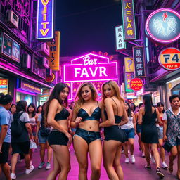 A bustling nightlife street in Thailand, featuring several young women dressed in sexy outfits standing in front of a bar illuminated by vibrant pink and purple neon lights