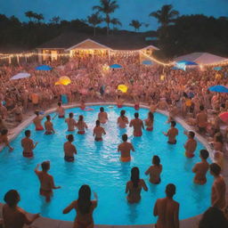 An epic rager pool party in full swing. A crowd of people dancing around a dazzling pool, strobe lights flashing, DJ spinning tunes in the background, and floaties bobbing on the pool's surface.