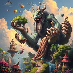 A fantastical scene featuring a massive, mythical creature with 100 hands, towering over a whimsical landscape