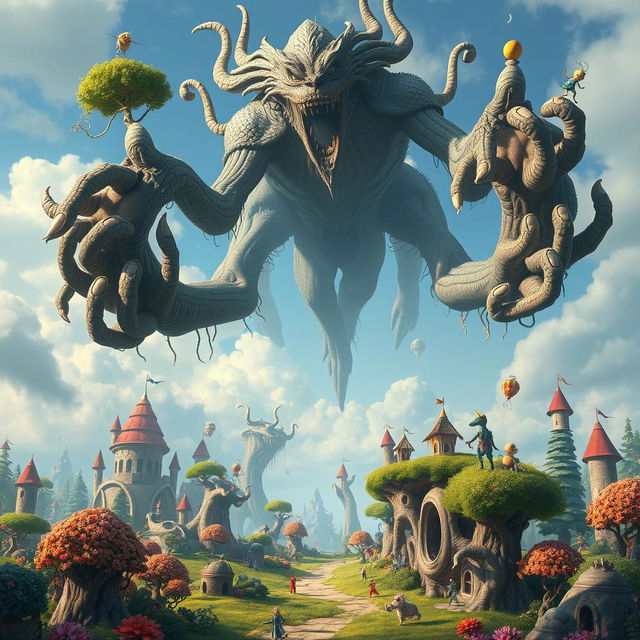 A fantastical scene featuring a massive, mythical creature with 100 hands, towering over a whimsical landscape