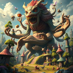 A fantastical scene featuring a massive, mythical creature with 100 hands, towering over a whimsical landscape