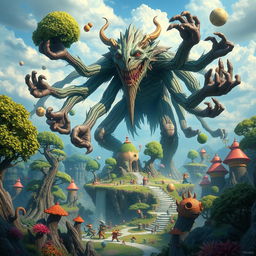 A fantastical scene featuring a massive, mythical creature with 100 hands, towering over a whimsical landscape