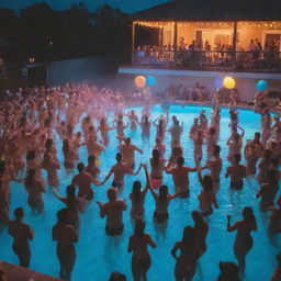 An epic rager pool party in full swing. A crowd of people dancing around a dazzling pool, strobe lights flashing, DJ spinning tunes in the background, and floaties bobbing on the pool's surface.