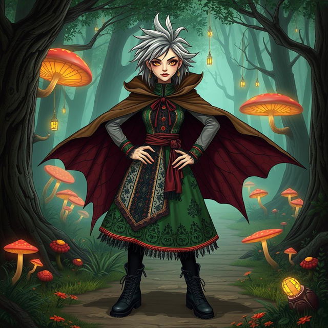 A modern interpretation of Baba Yaga, the Slavic folklore witch, characterized by a unique and stylish outfit