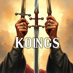 A striking book cover illustration featuring the hands of three majestic kings, each holding a sword raised high in celebration or defiance