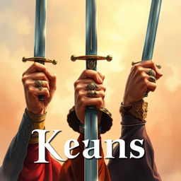 A striking book cover illustration featuring the hands of three majestic kings, each holding a sword raised high in celebration or defiance