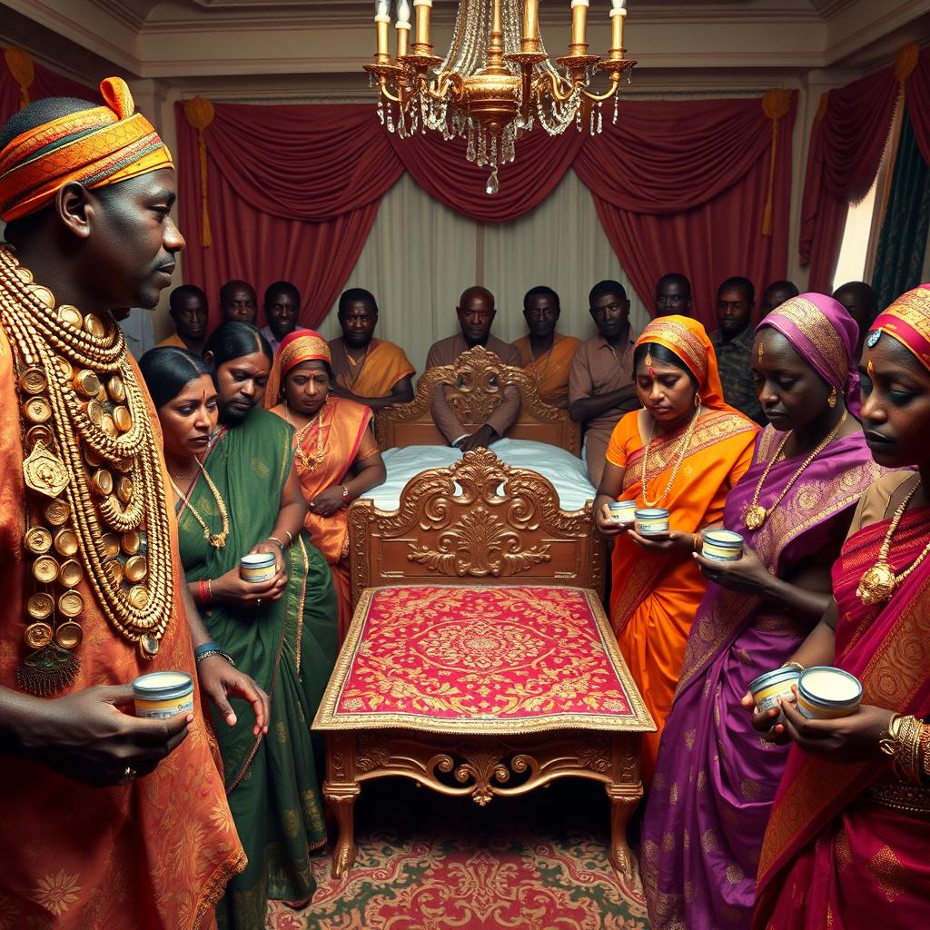 An African man in vibrant traditional attire, adorned with numerous shining gold chains, gazes thoughtfully at ten sad dusky Indian women