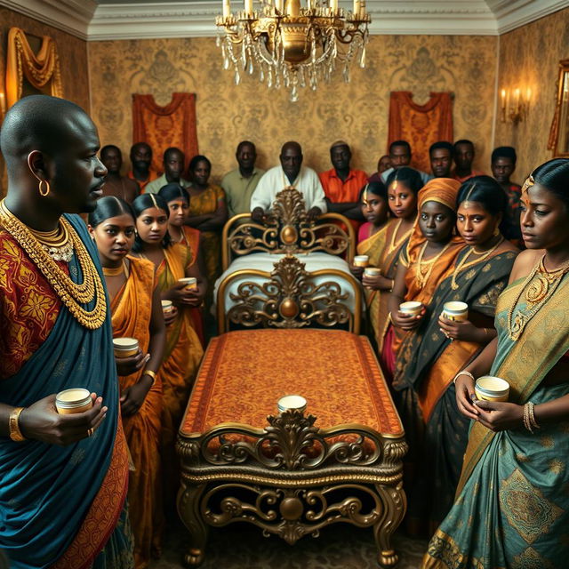 An African man in vibrant traditional attire, adorned with numerous shining gold chains, gazes thoughtfully at ten sad dusky Indian women