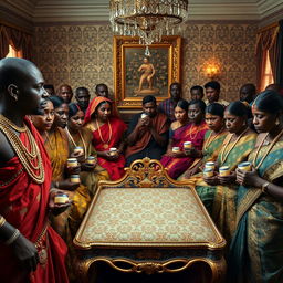 An African man in vibrant traditional attire, adorned with numerous shining gold chains, gazes thoughtfully at ten sad dusky Indian women