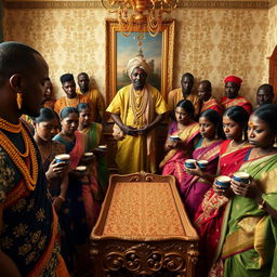 An African man in vibrant traditional attire, adorned with numerous shining gold chains, gazes thoughtfully at ten sad dusky Indian women