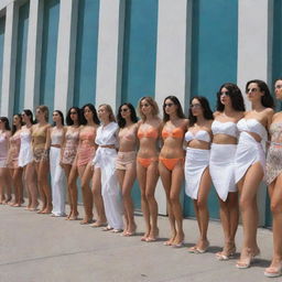 A long line of aspiring female models wrapping around a modern building's exterior, waiting for their chance to audition for a coveted swimwear contract, styled in fashion-forward outfits and carrying portfolios under clear skies.