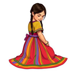 Illustration of a young girl sitting facing forward while looking down, with a realistic face in a full body view